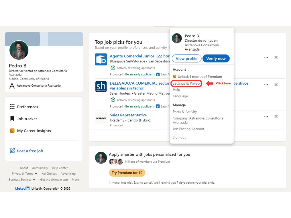 LinkedIn Settings and Privacy step