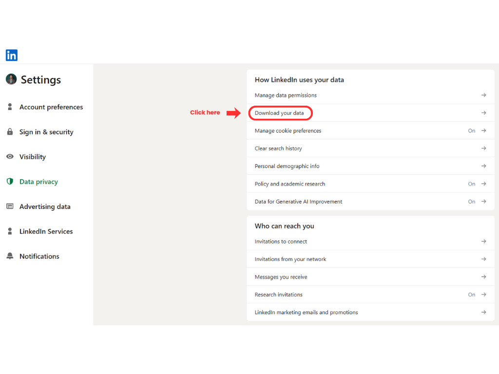 LinkedIn Download your data step