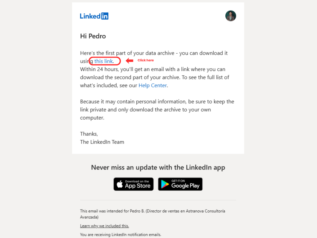 LinkedIn archive email link step