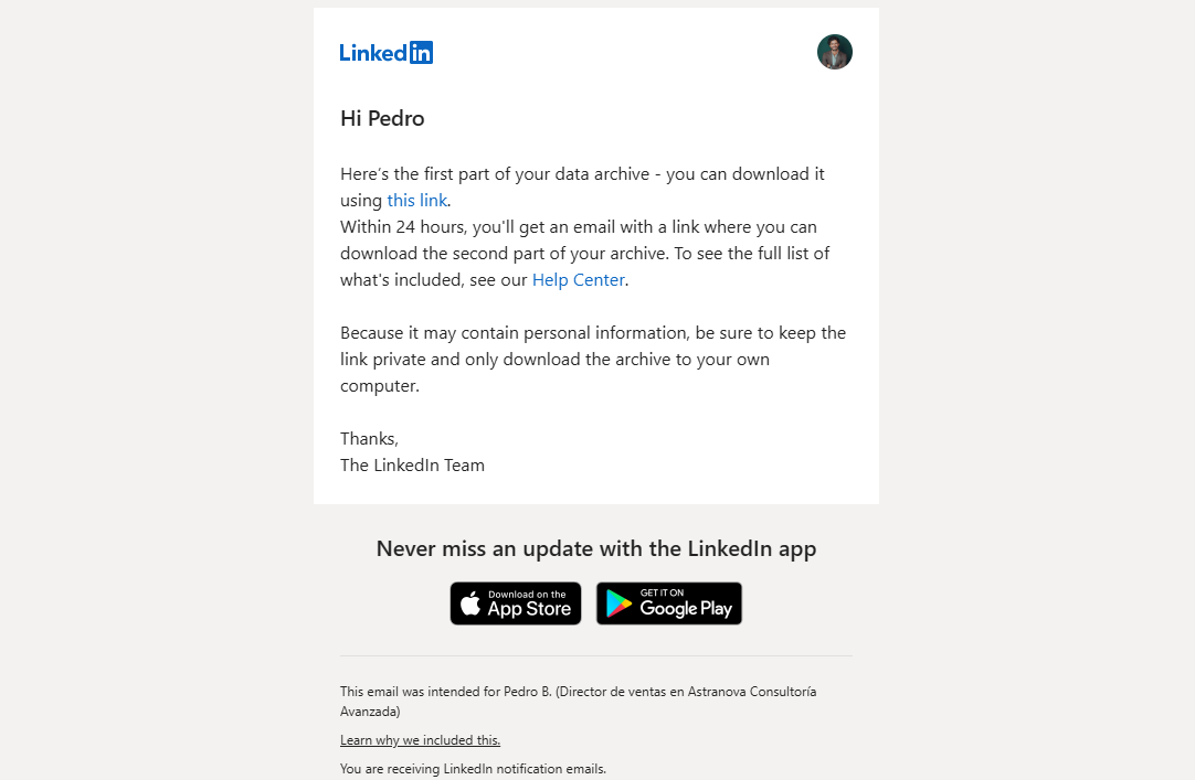 LinkedIn email explaining that the data archive is sent in two parts