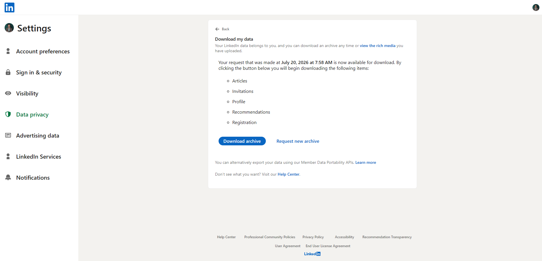 LinkedIn Download my data screen with Download archive