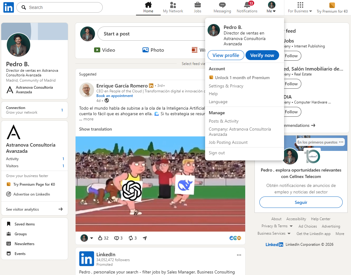 LinkedIn home screen with the profile menu open